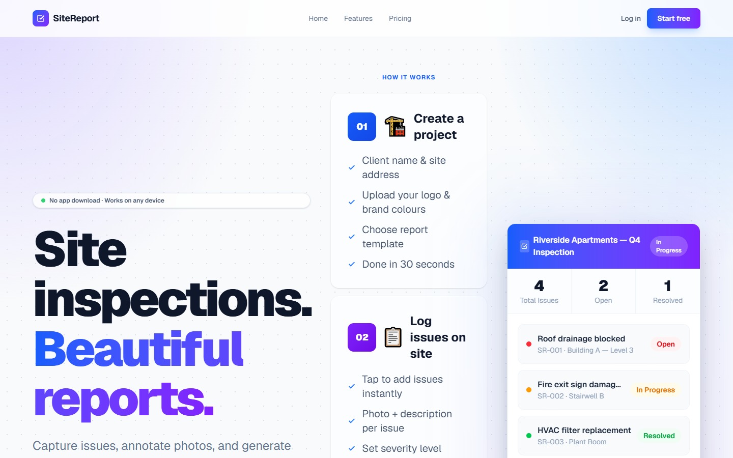 SiteReport — web-based SaaS platform for site inspection reports with PDF export